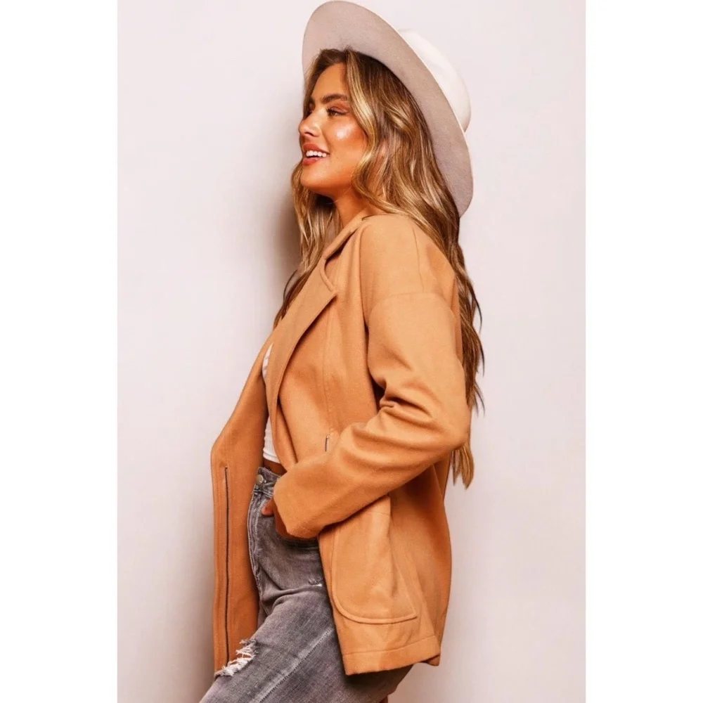 PEACH LOVE Camel Blazer Style Zip Up Soft Jacket - Picture 6 of 9